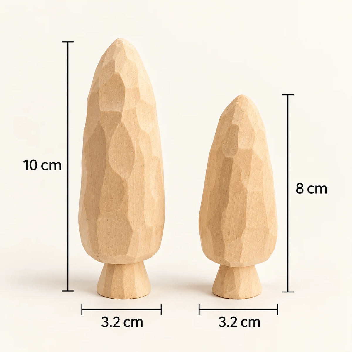 Unfinished wooden Christmas tree pieces shown with dimensions in a size guide