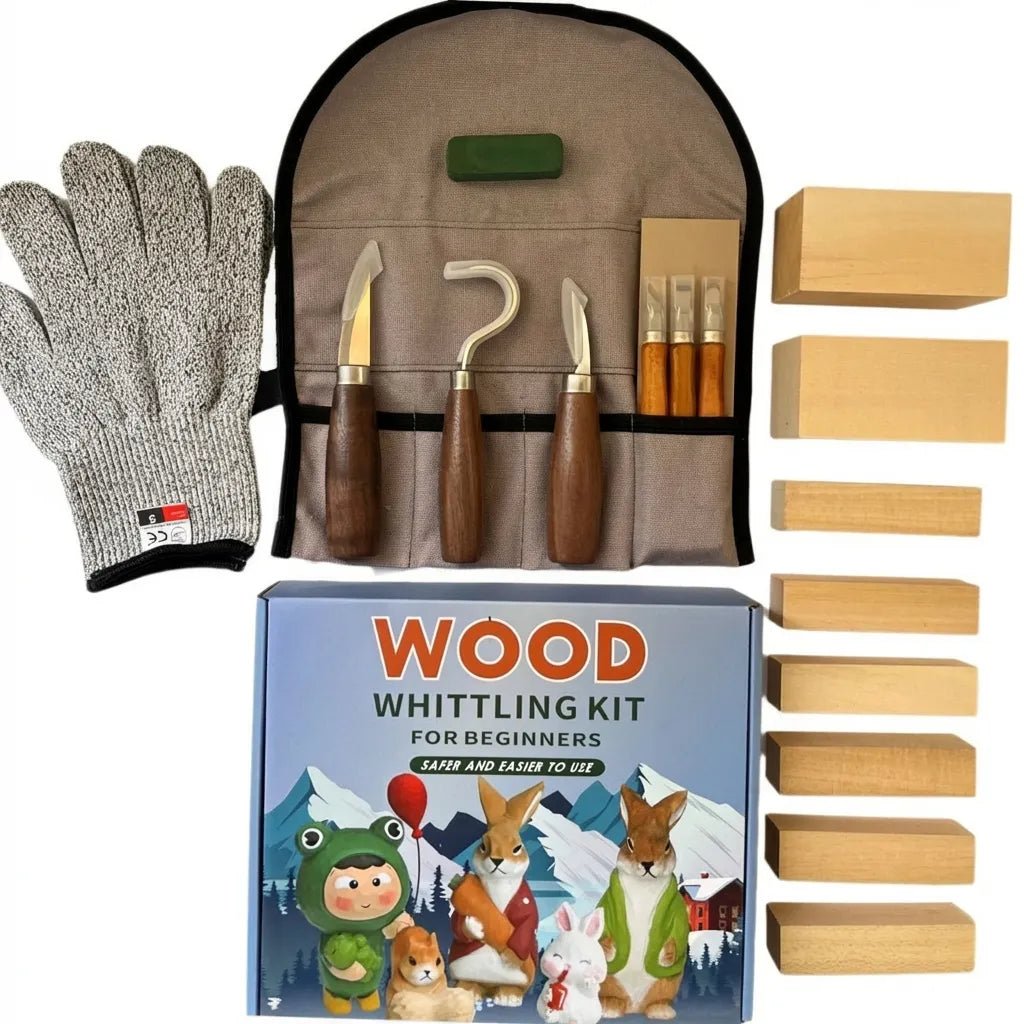 A complete wood whittling kit including carving knives, protective gloves, and beginner wood blocks.