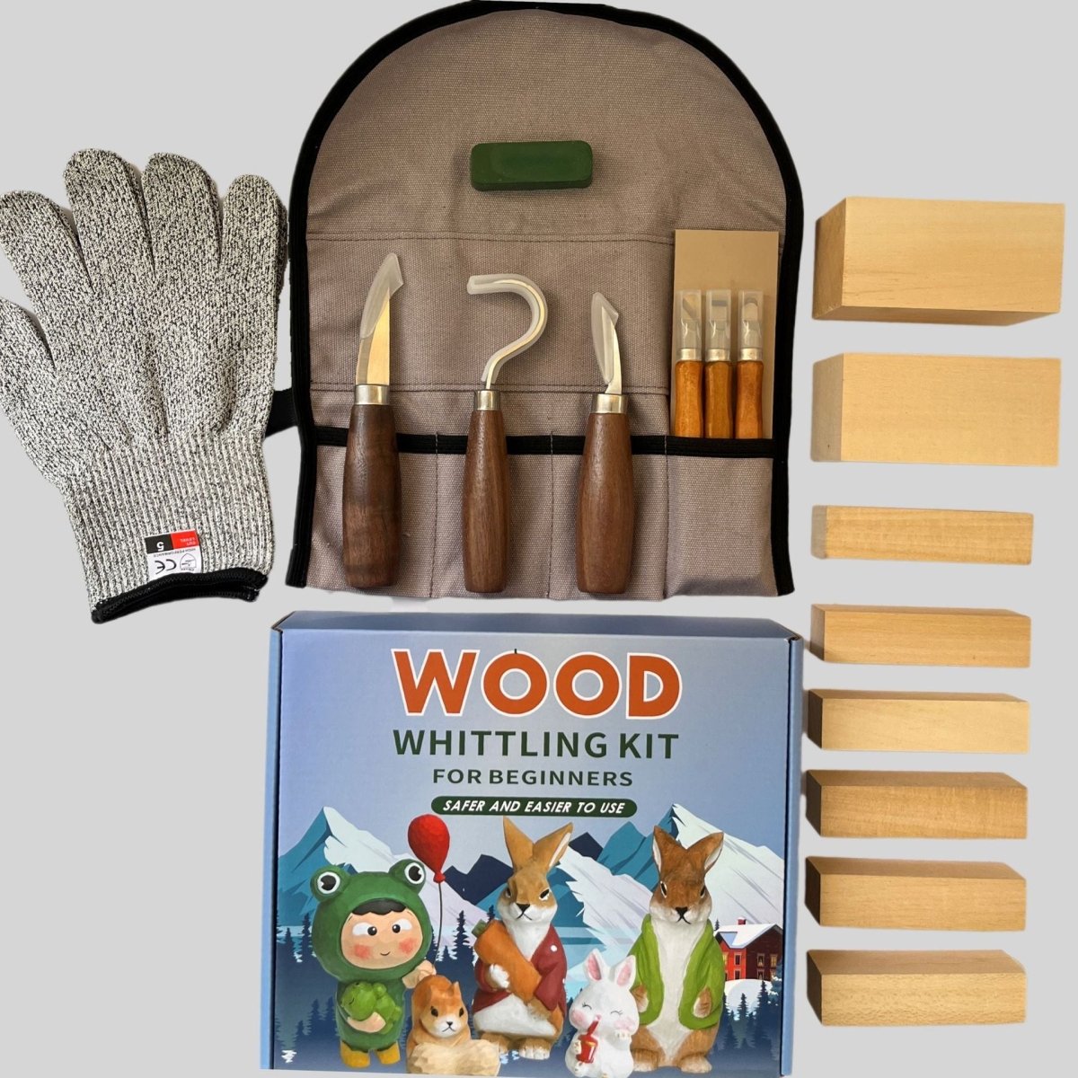 This image showcases a comprehensive wood whittling kit for beginners, including various carving tools, safety gloves, and blocks of wood.