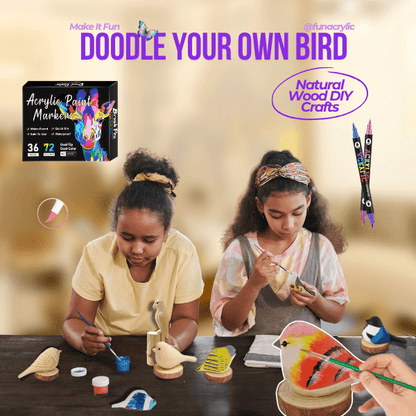 Two children engaged in a DIY craft activity painting wooden birds with colorful markers.