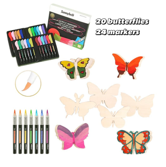 A colorful wooden butterfly doodle kit featuring 20 butterfly shapes and 24 acrylic markers for creative activities.