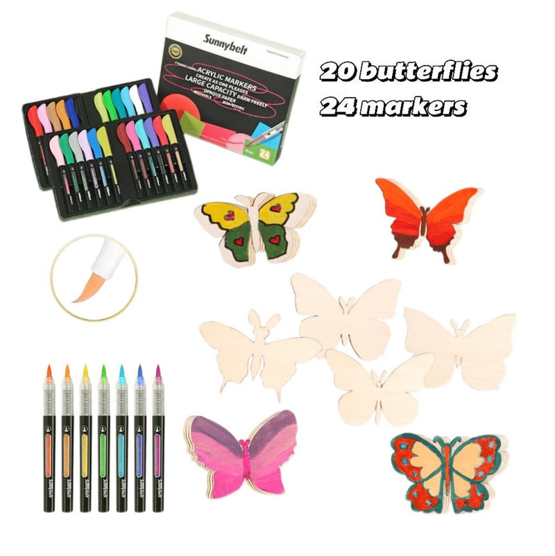 A colorful wooden butterfly doodle kit featuring 20 butterfly shapes and 24 acrylic markers for creative activities.