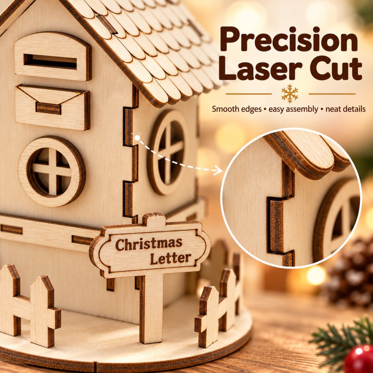 Precision laser-cut details on an unfinished wooden Christmas house kit