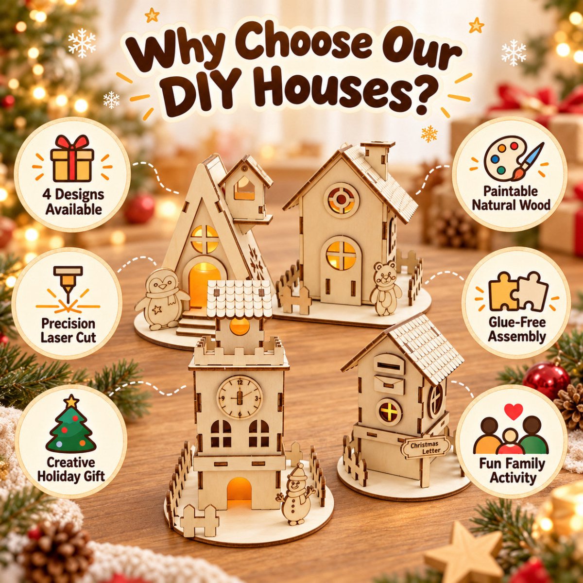 DIY wooden Christmas house kit features with unfinished laser-cut parts