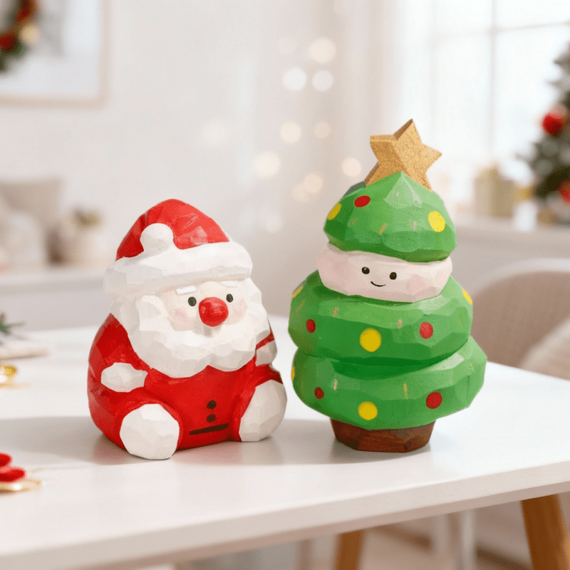 Rustic wooden Santa Claus and Christmas tree duo displayed together on a  whtie table
