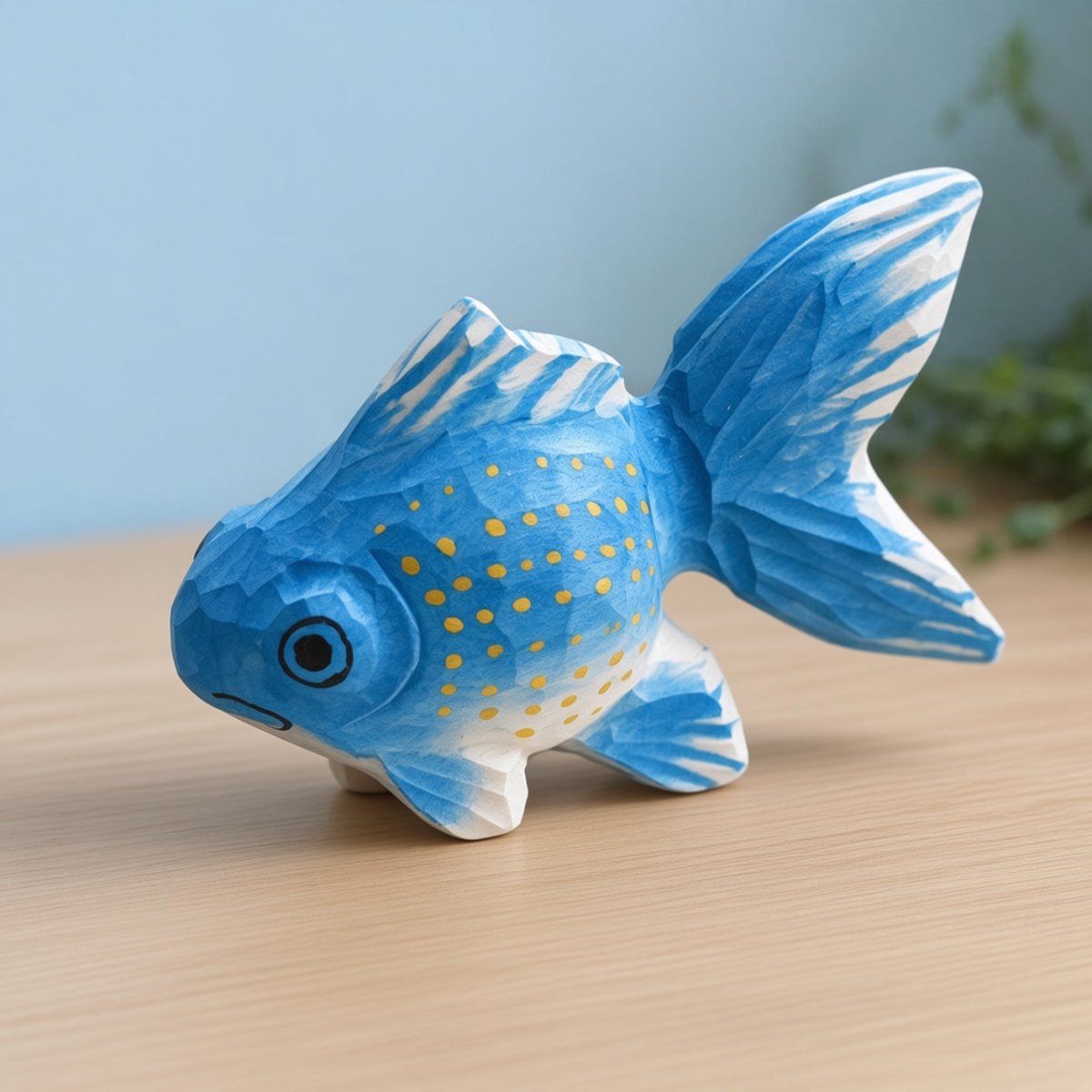 Blue hand-painted wooden goldfish figurine displayed on a tabletop