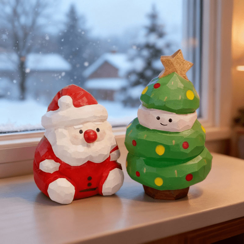 Wooden holiday figures displayed on a mantelpiece adding a cozy festive touch