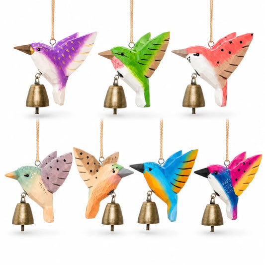 Seven colorful hand-painted wooden hummingbird ornaments with bronze bells on a white background