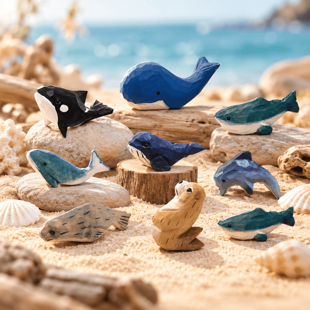 Wooden Ocean Animal Figurines – Hand-Painted Collection - FunAcrylic