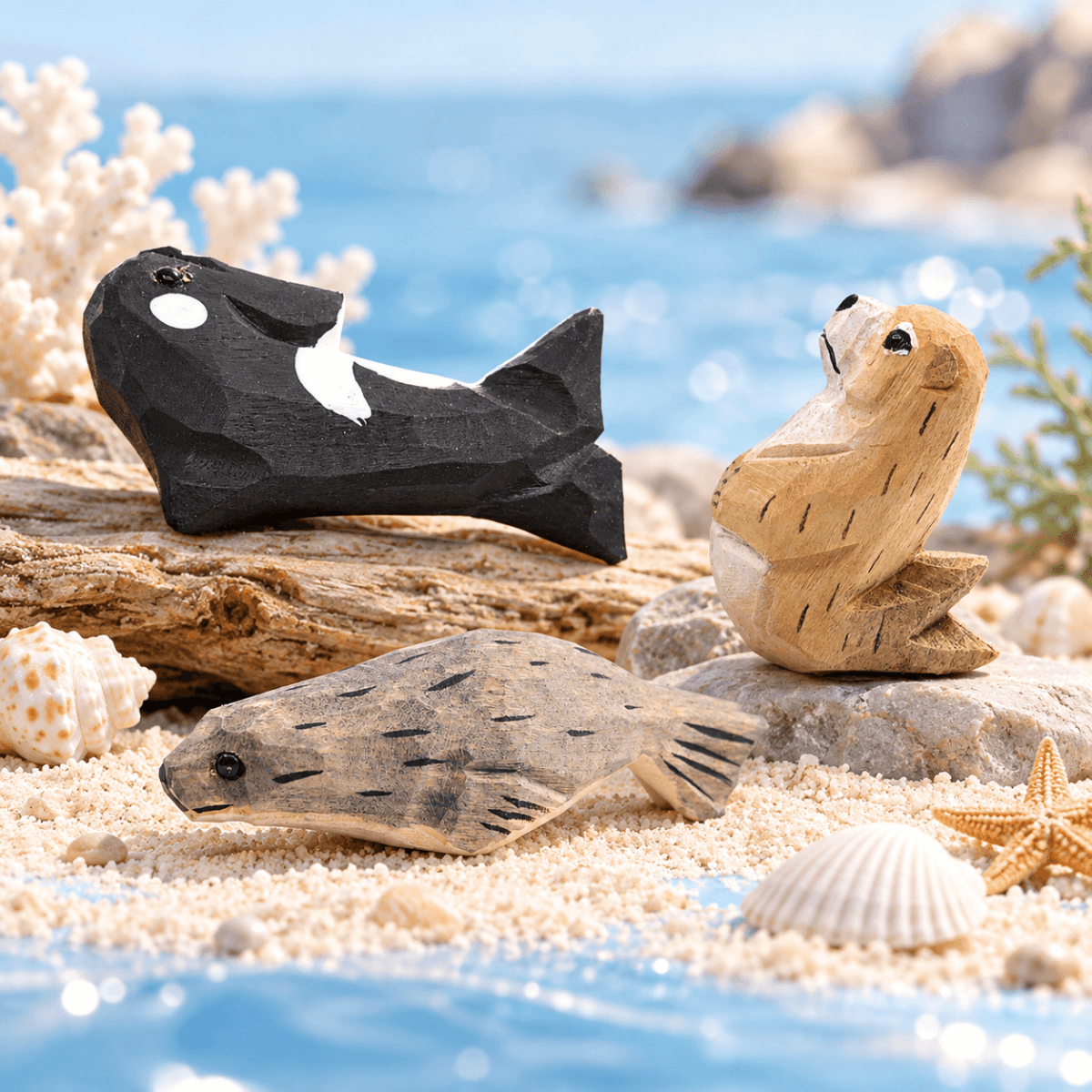 Wooden Ocean Animal Figurines – Hand-Painted Collection - FunAcrylic
