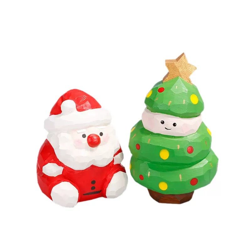 Rustic wooden Santa Claus and Christmas tree duo displayed together on a table