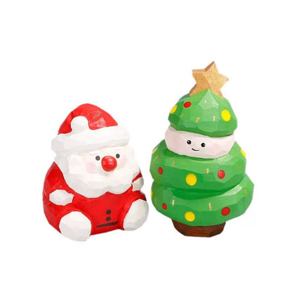 Rustic wooden Santa Claus and Christmas tree duo displayed together on a table