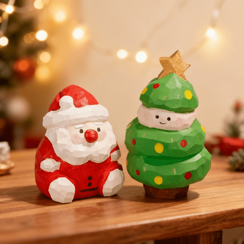 Rustic wooden Santa Claus and Christmas tree duo displayed together on a table
