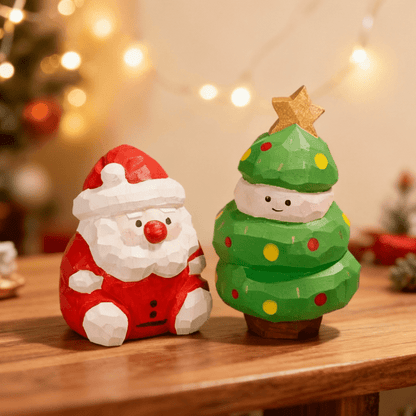 Rustic wooden Santa Claus and Christmas tree duo displayed together on a table