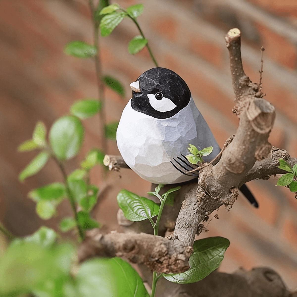 A wooden swallow bird bird figure perched on a branch surrounded by green leaves.