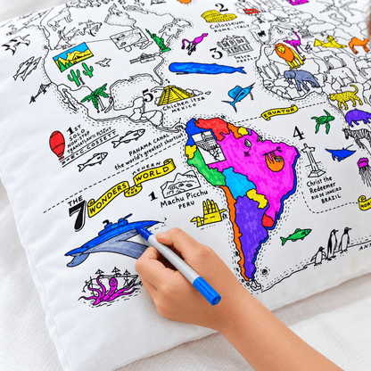 Close-up of a colorful finished world map coloring pillowcase