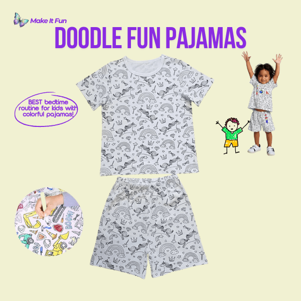 Color-in short-sleeve pajamas for kids featuring fun doodle designs for a playful bedtime routine.