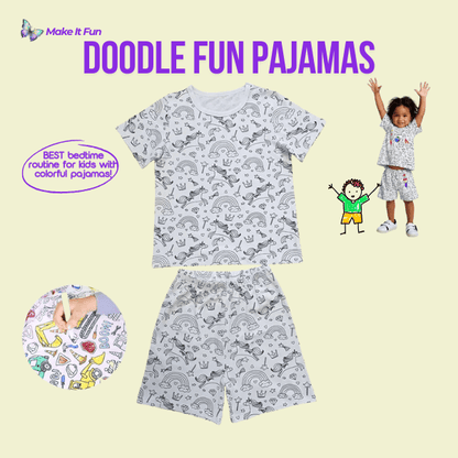 Color-in short-sleeve pajamas for kids featuring fun doodle designs for a playful bedtime routine.